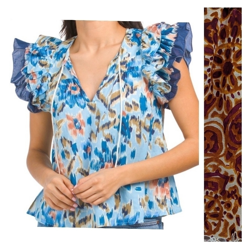 House of Harlow Top Womens Small Orange Zoey Floral Puff Short Sleeve Ruffle